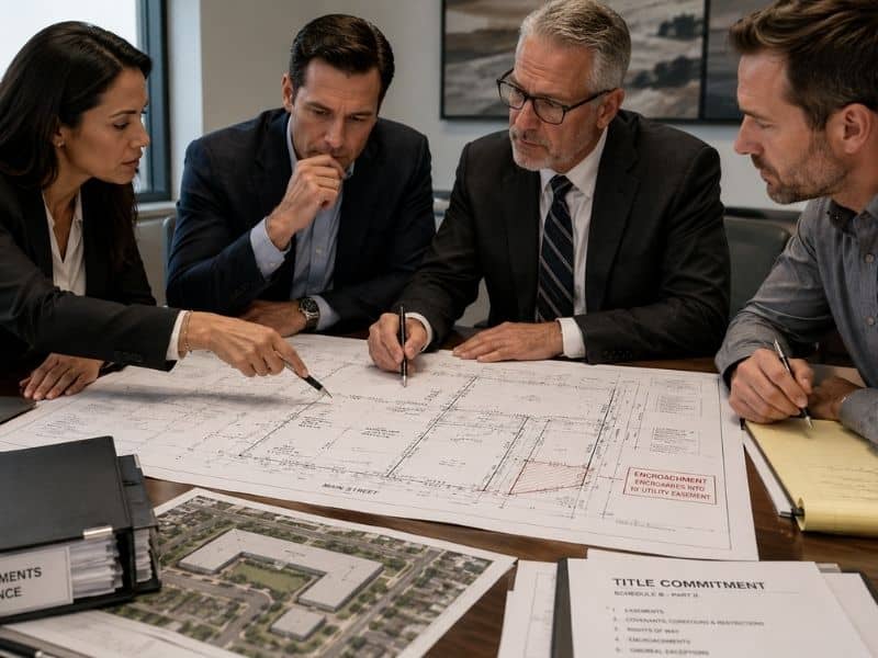 Commercial real estate team reviewing ALTA survey and title documents to identify easements and property risks before closing.