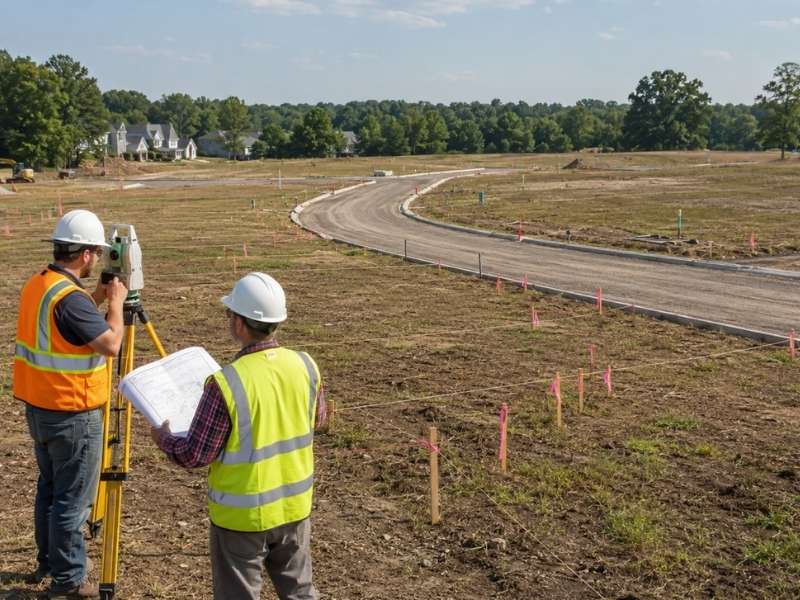 Subdivision survey in Prattville AL showing surveyors laying out new lots, road frontage, and development boundaries on a residential tract.